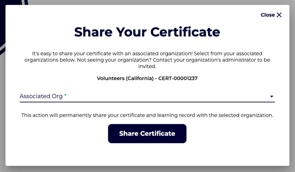 A screen capture of The Mandated Reporter Training Platform shows the “Share Your Certificate” window.