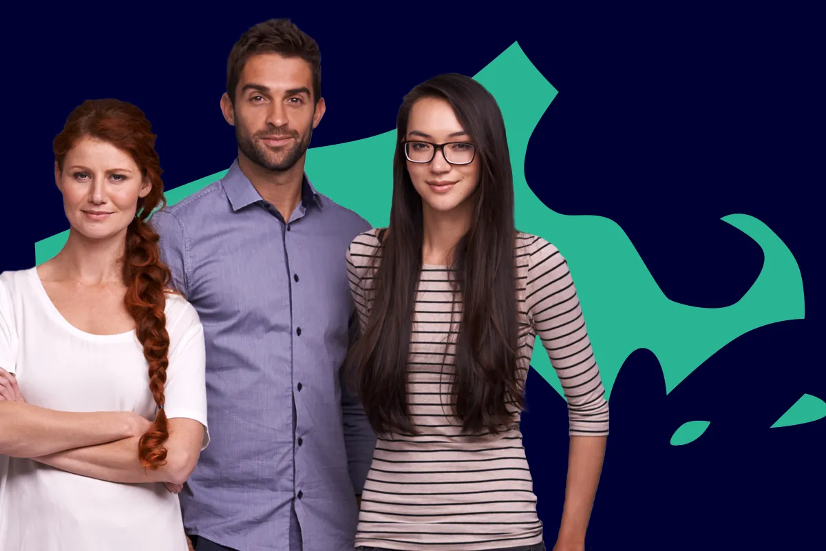 A group of mandated reporters stands in front of a silhouette of the state of Massachusetts.