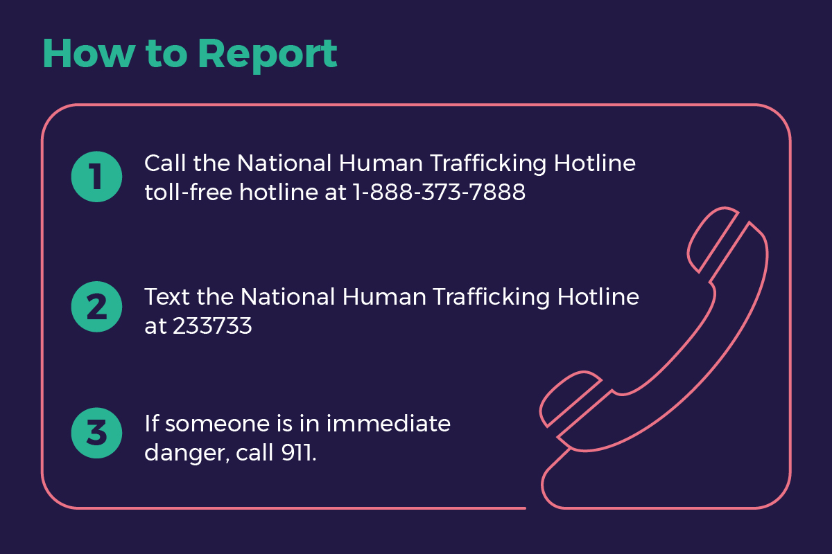 Illustrated infographic showing the different ways to report human trafficking.